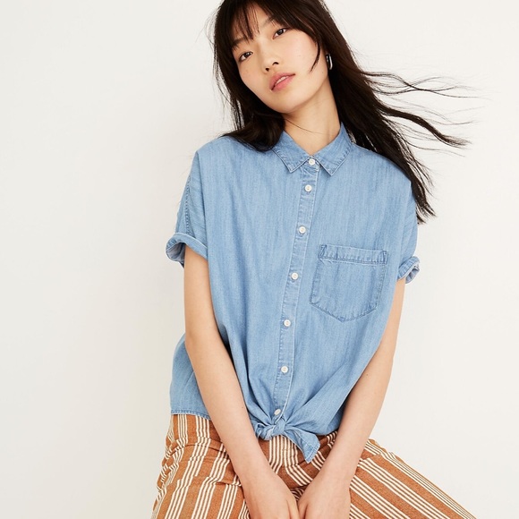 Madewell Tops - Madewell Chambray Tie Waist Button Down Top Blue Oversized XS